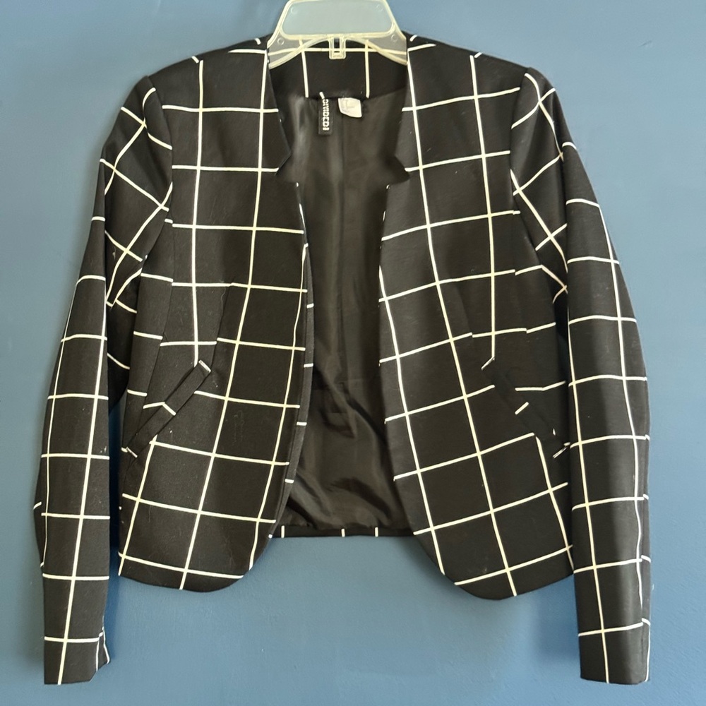 Black White Grid Cropped Blazer Jacket Modern Career Chic - Picture 3 of 5
